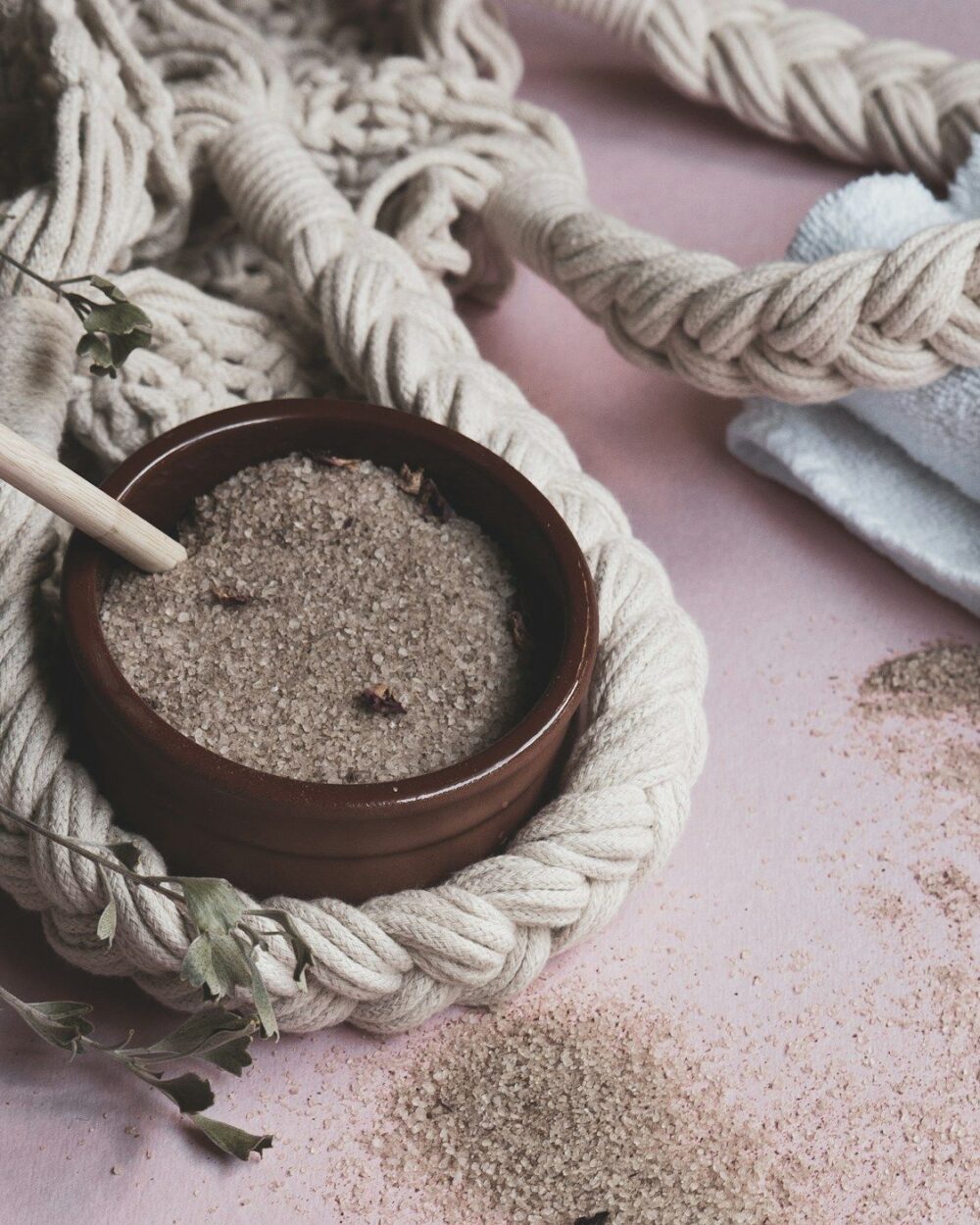 Body scrub in a wooden bowl with rope